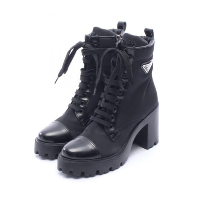 プラダ PRADA Re-Nylon 三角プレート ショート ブーツ 靴 ナイロン レザー レディース ブラック系 【中古】
