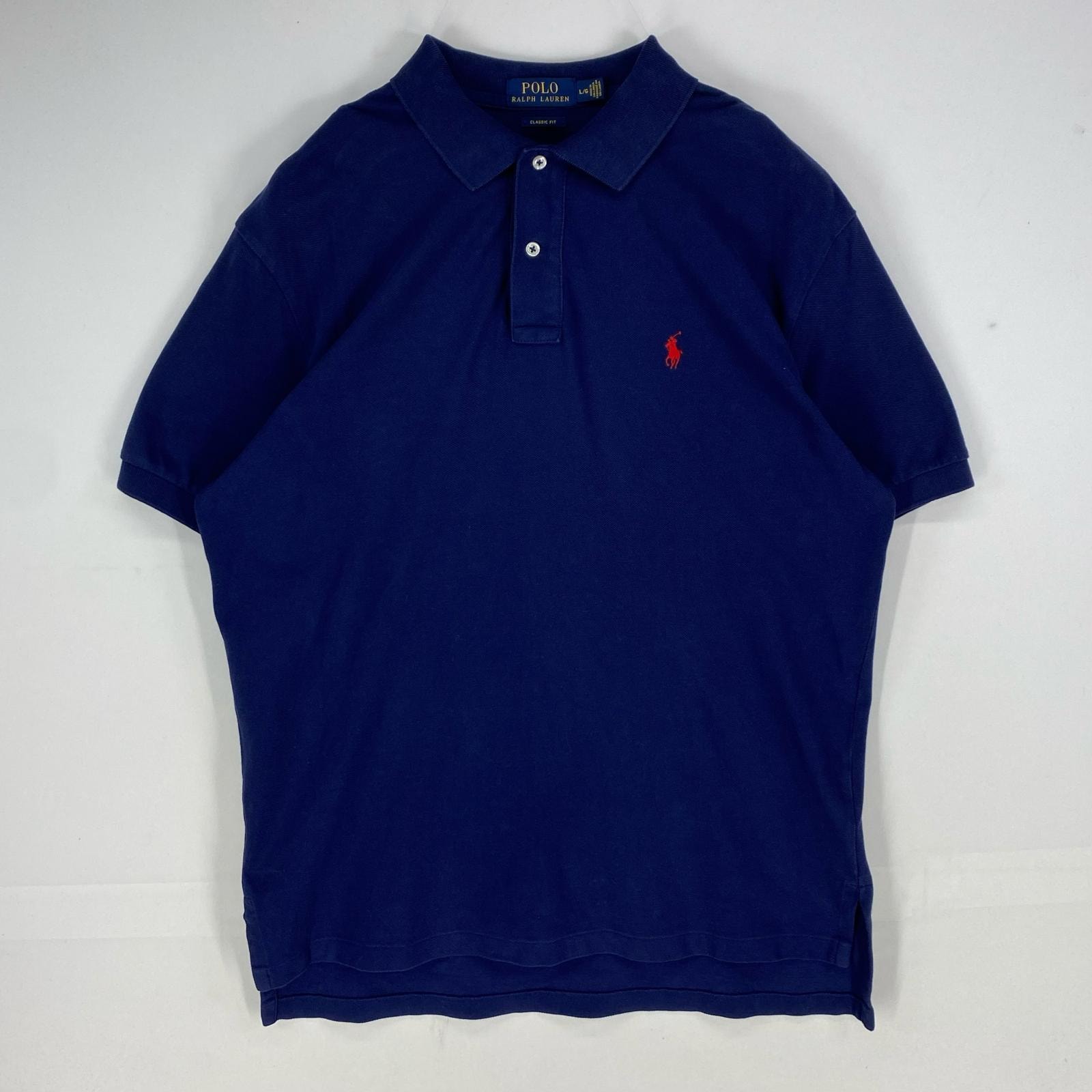 古着 ポロ・ラルフローレン POLO RALPH LAUREN 鹿の子 半袖シャツ ワンポイント ロゴ刺繍 ポロシャツ L ネイビー系 メンズ