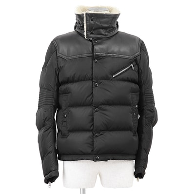MONCLER モンクレール ダウンジャケット サイズ 2 メンズ LEO レオ 2023年モデル ボアカラー レザー コンビネーション ロゴパッチ 2WAY フード収納 アウター ブラック 黒 ルーマニア製