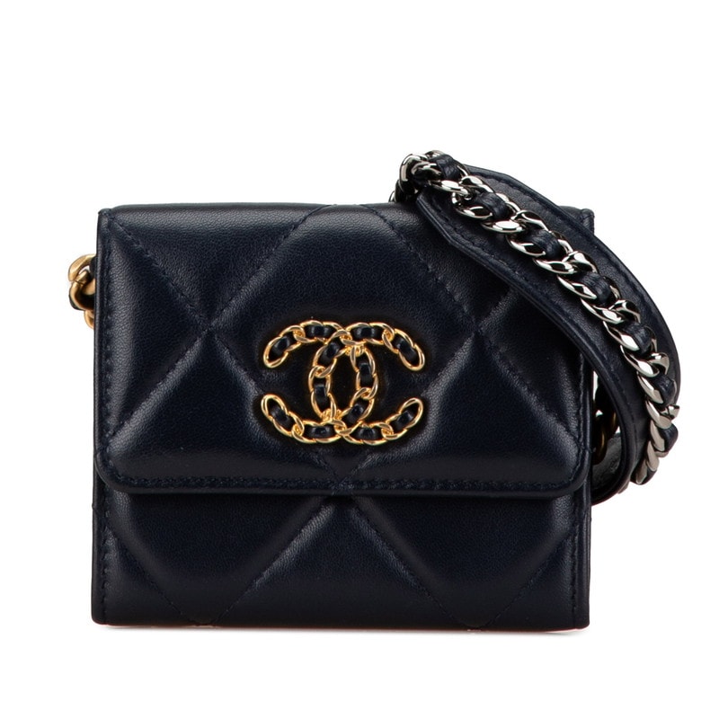 シャネル マトラッセ ココマーク 斜め掛け チェーンウォレット ネイビー ラムスキン レディース CHANEL 【中古】