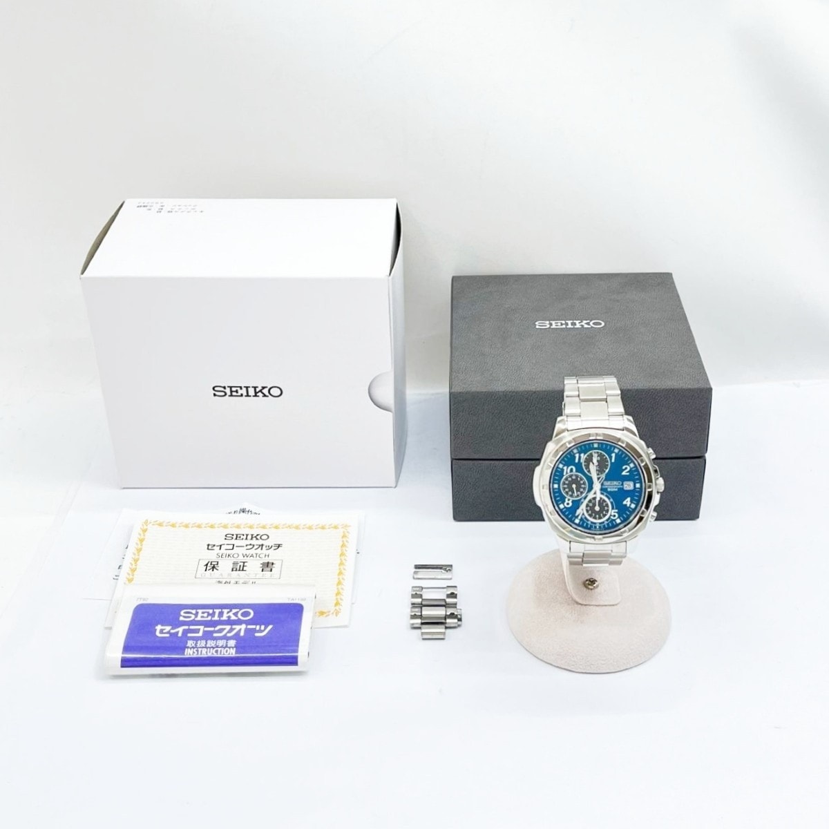 SEIKO セイコー 腕時計 クロノグラフ ブルー R8.5月電池交換済 クロノ針1秒ズレ有 箱・取説・コマ付 SDN193P