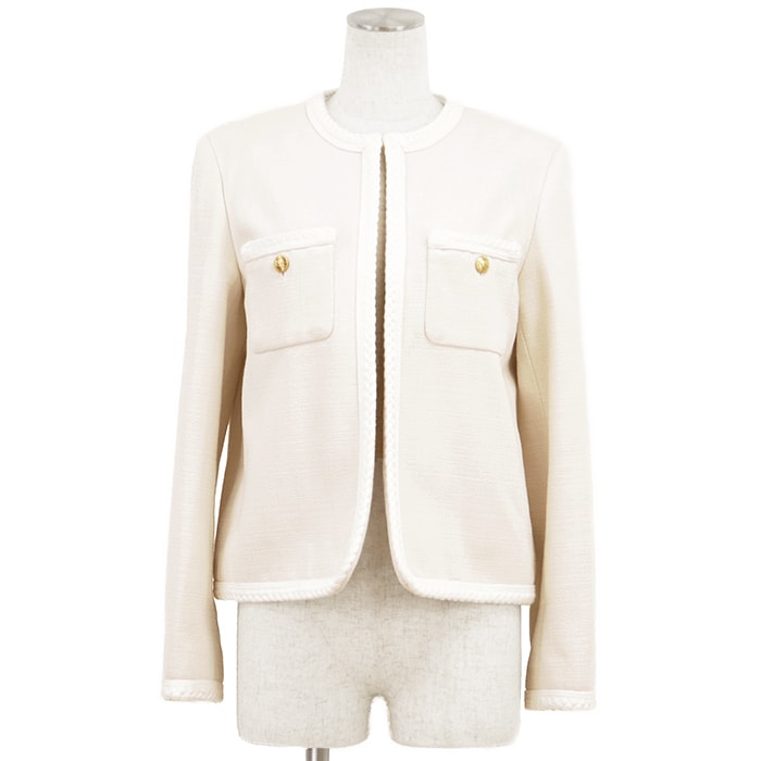 【未使用】CELINE セリーヌ ノーカラージャケット サイズ 36 レディース オープンフロント シルク100% アウター タグ/ハンガー付属 アイボリー ゴールド フランス製