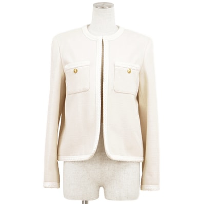 【未使用】CELINE セリーヌ ノーカラージャケット サイズ 36 レディース オープンフロント シルク100% アウター タグ/ハンガー付属 アイボリー ゴールド フランス製