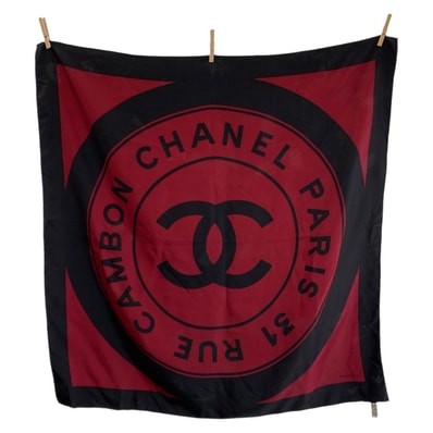 CHANEL シャネル ヴィンテージ 31 RUE CAMBON ココマーク ワインレッド ブラック シルク スカーフ 601230 【中古】