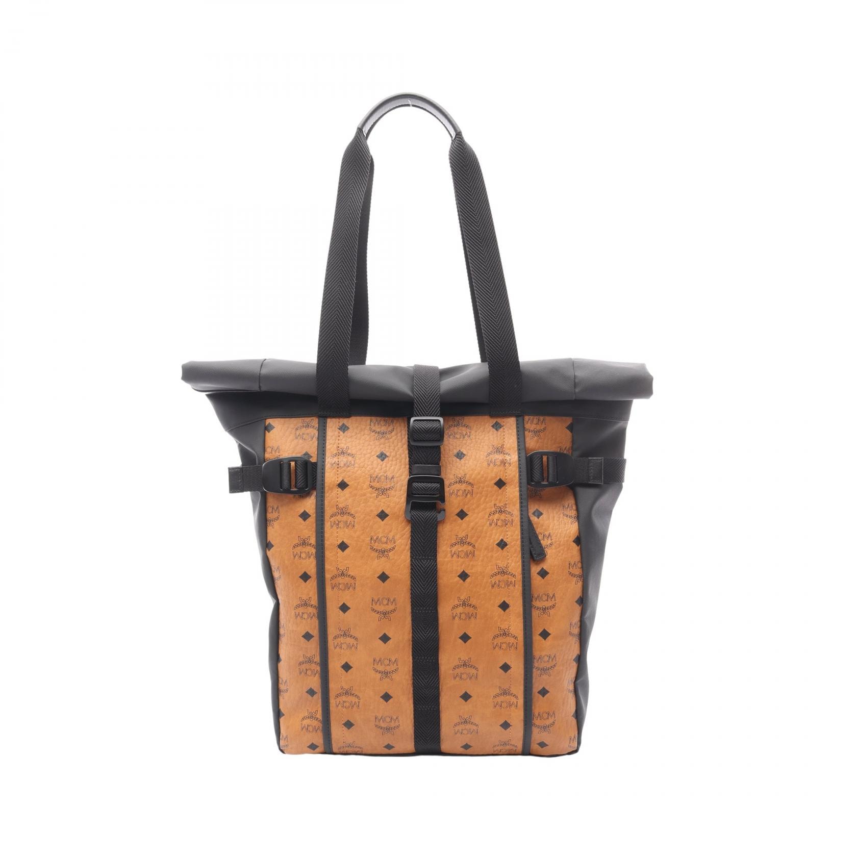 エム・シー・エム MCM ロールトップユーティリティショッパーバッグ トートバッグ バッグ PVCコーティングキャンバス レザー レディース ブラウン系 / ブラック系 【中古】