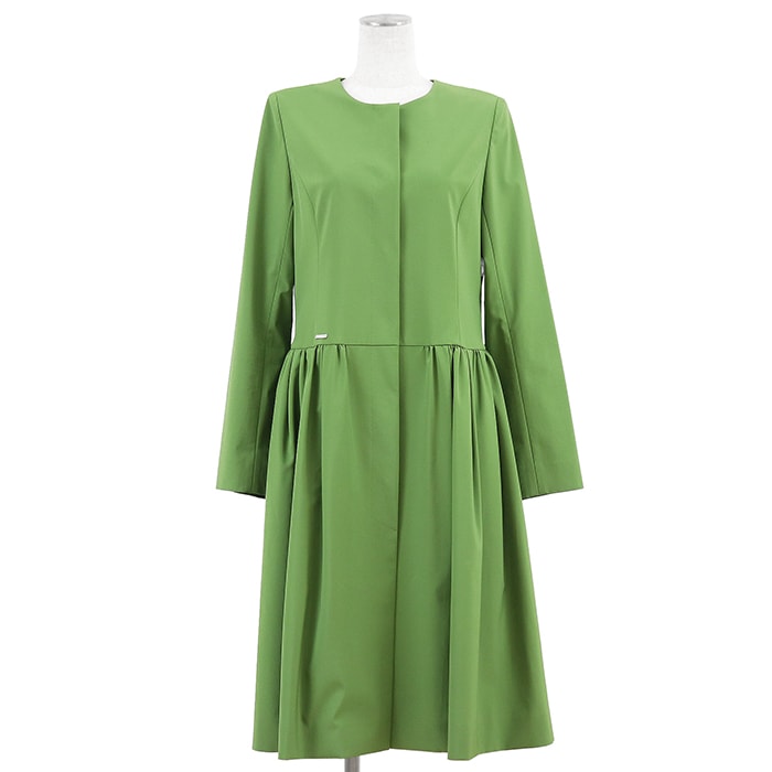 【SALE】FOXEY NEW YORK フォクシー ニューヨーク コート サイズ 40 レディース RAINY COAT ストレッチ ロゴ メタルプレート ノーカラー アウター グリーン 緑 日本製 39362