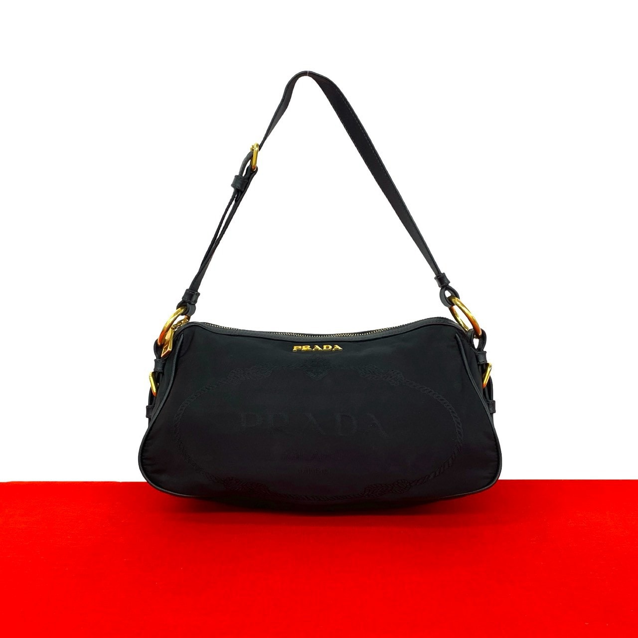 PRADA プラダ ロゴ 金具 ナイロン レザー ショルダーバッグ ブラック
 36125