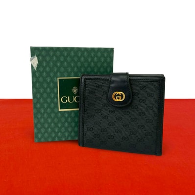 GUCCI グッチ マイクロGG ロゴ 金具 レザー PVC 二つ折り財布 ブラック
46105