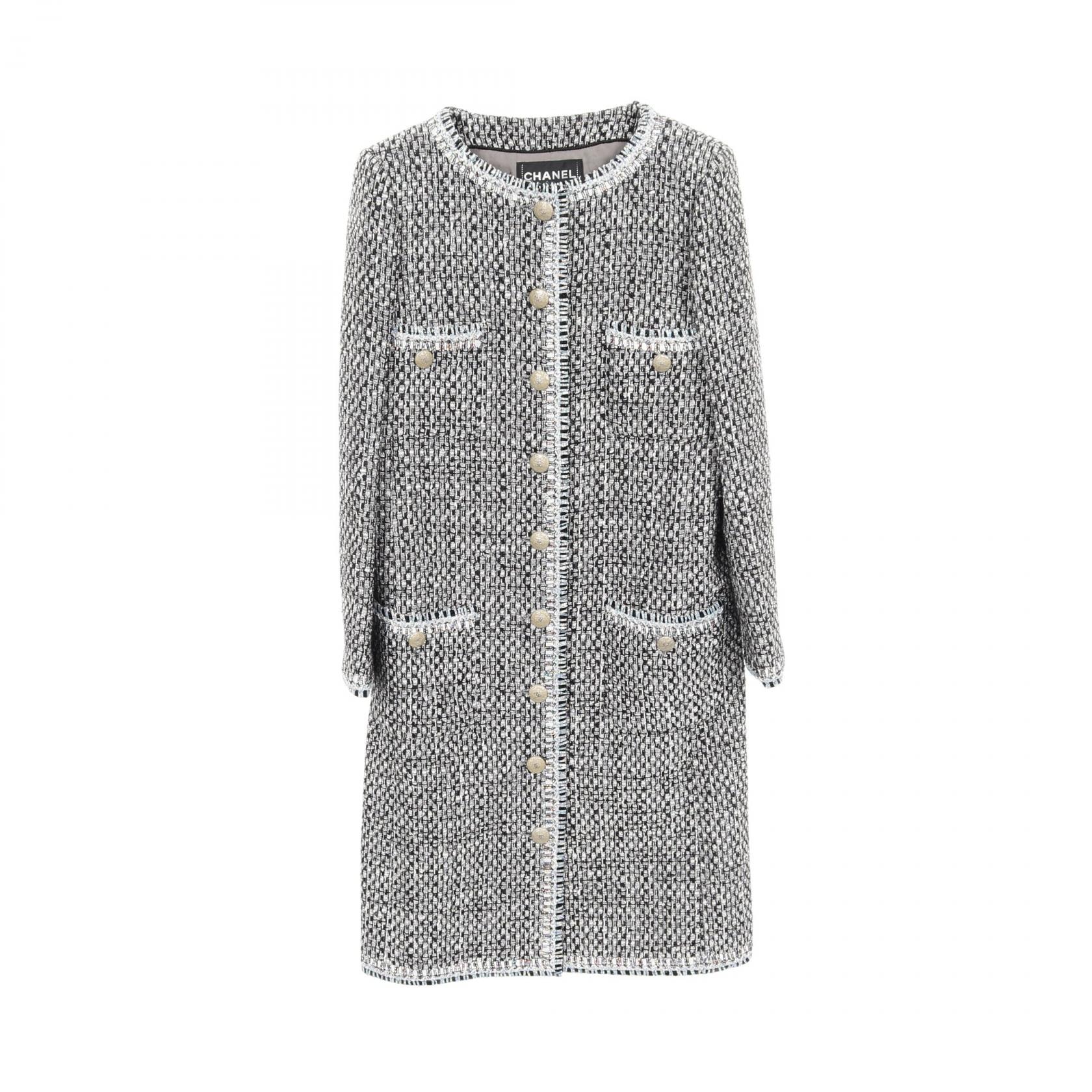 シャネル CHANEL ラメファンタジーツイードジャケット ココマークボタン ノーカラージャケット 衣料品 アウター ナイロン コットン レディース ブラック系 / シルバー系 / マルチカラー 【中古】