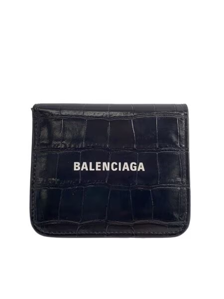BALENCIAGA Cash Flap Coin and Card Holder Shiny Embossed Crocodile Calfskin "Black/White"