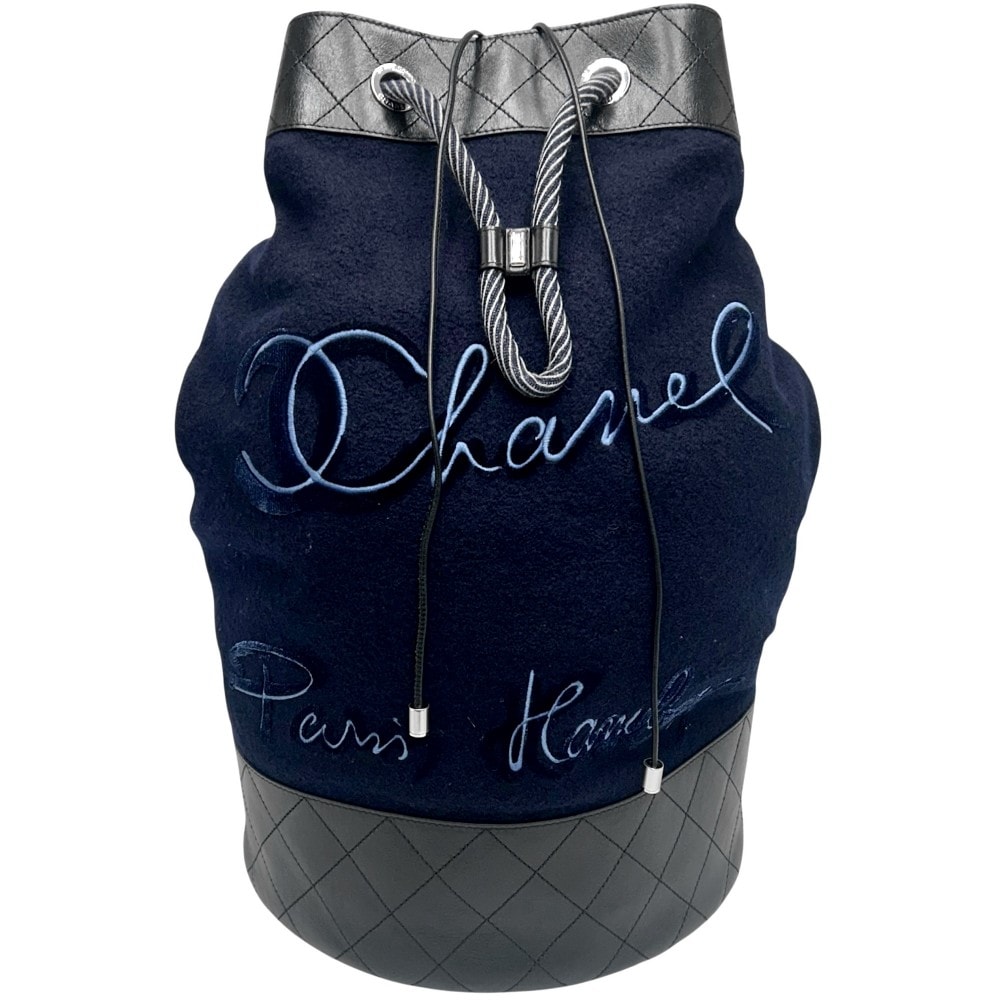 CHANEL シャネル ショルダーバッグ エンブロイダリー ドローストリングスリングバッグ キルティング ココマーク 肩掛け A57519 ウール レザー ネイビー 紺 シルバー金具 レディース【中古品】