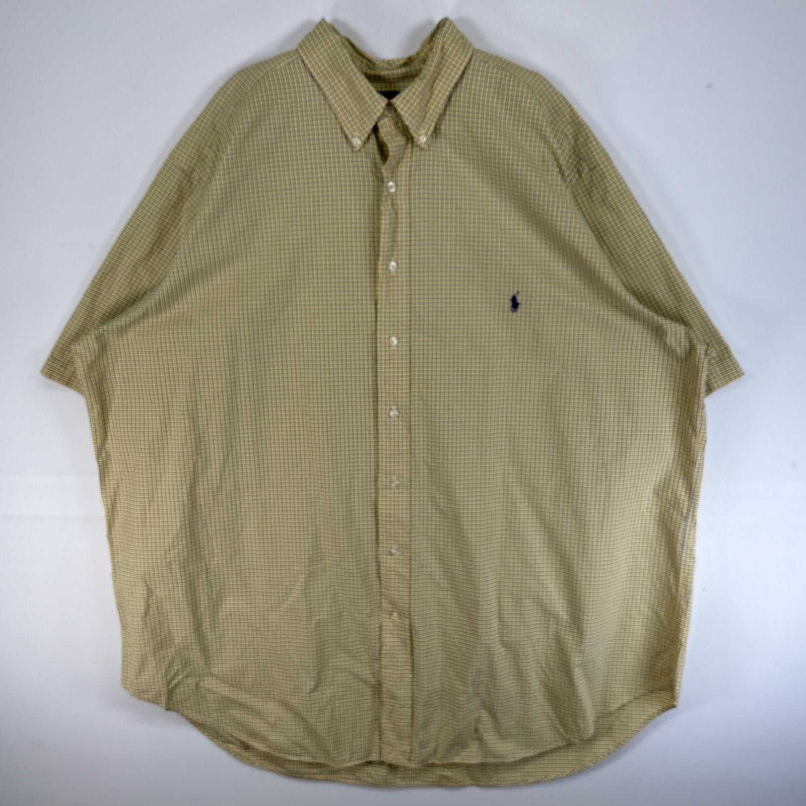 古着 ラルフローレン RALPH LAUREN 半袖シャツ 大きいサイズ ロゴ 刺繍 ボタンダウン 2XL  イエロー チェック メンズ