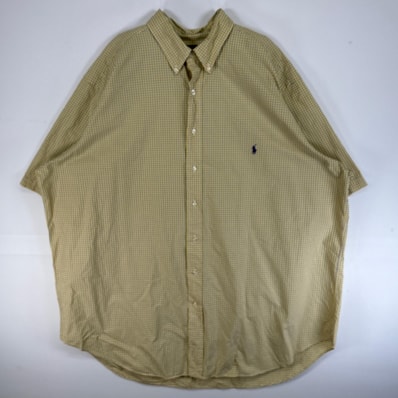 古着 ラルフローレン RALPH LAUREN 半袖シャツ 大きいサイズ ロゴ 刺繍 ボタンダウン 2XL イエロー チェック メンズ