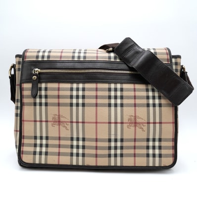 BURBERRY(バーバリー)ヴィンテージ ショルダーバッグ メッセンジャーバッグ ノバチェック ヘイマーケットチェック ホースロゴ ベージュ キャンバス レザー フラップ式 大容量 ゴールド金具 メンズ レディース ユニセックス【中古】