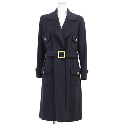 CHANEL シャネル BOUTIQUE ヴィンテージ ベルテッドコート レディース サイズ表記不明 カシミヤ100% メルトン シグネチャー ロゴ COCOマーク ゴールドボタン アウター ベルト・ハンガー付属 ネイビー 紺