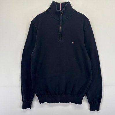 古着 トミーヒルフィガー TOMMY HILFIGER スウェット トレーナー プルオーバー ハーフジップ ワンポイントロゴ刺繍 S ダークネイビー系 メンズ