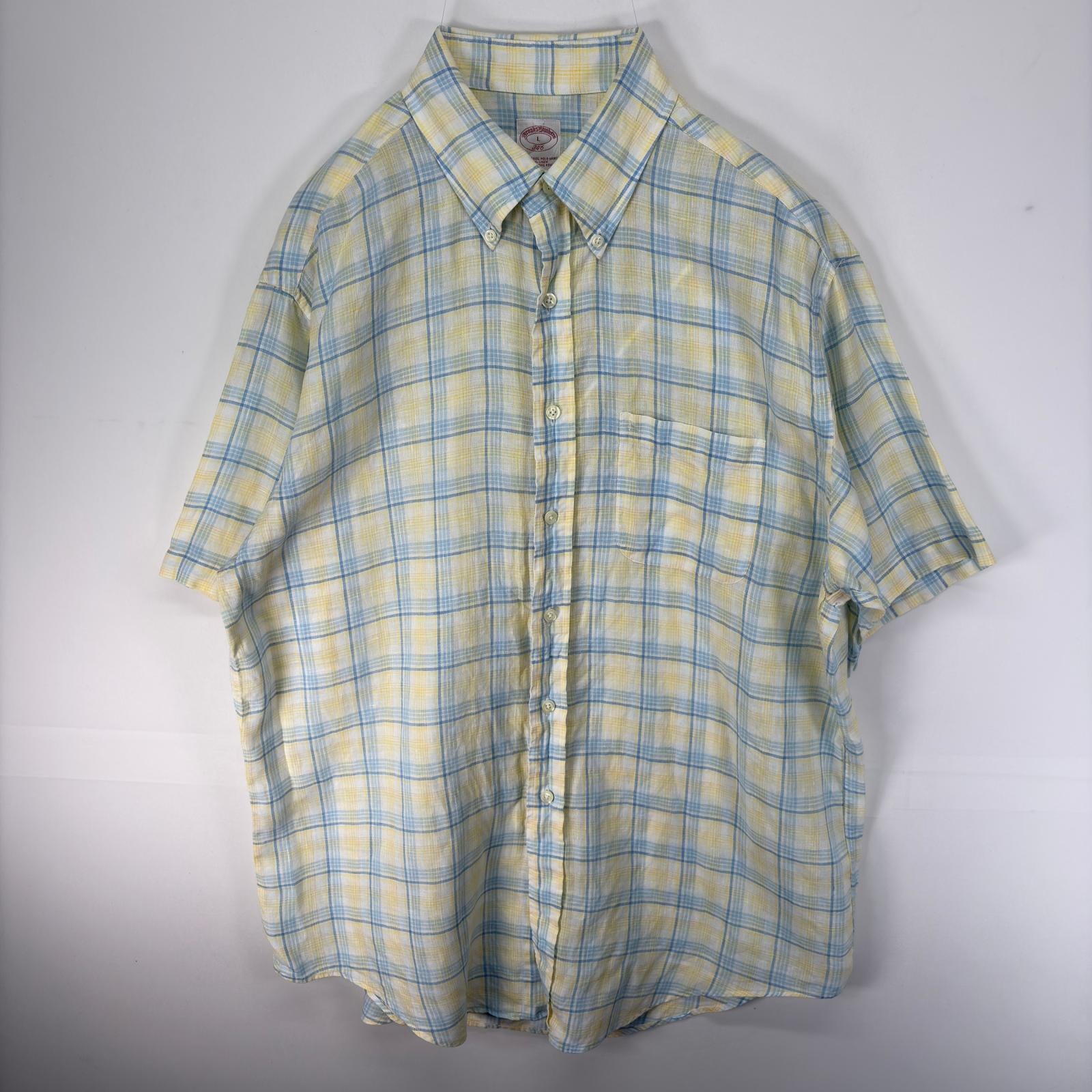 古着 ブルックスブラザーズ Brooks Brothers 半袖シャツ 胸ポケット 346 リネンシャツ ボタンダウン L  ホワイト系 チェック メンズ