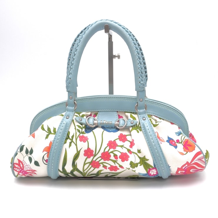 Christian Dior(クリスチャンディオール)ディテクティブ ヴィンテージ ハンドバッグ ミニボストンバッグ フラワープリント 花柄 ホワイト ブルー レザー キャンバス シルバー金具 レディース 07-RU-1007【中古】