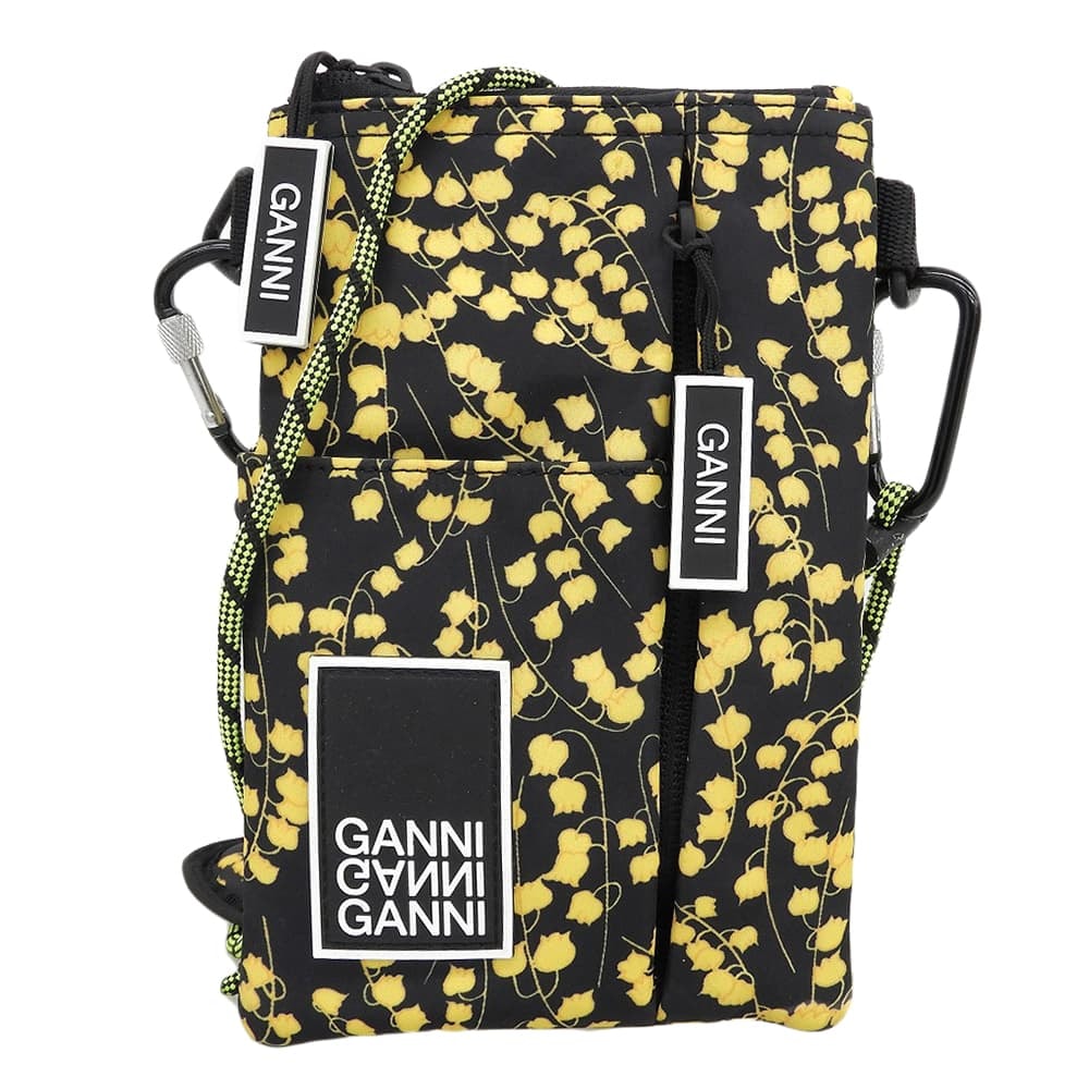 ガニー 美品 ブラック×イエロー スズランモチーフ ショルダーバッグ レディース