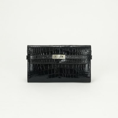 エルメス HERMES ケリーウォレット ケリーウォレットロング 財布 長財布 ロングウォレット アリゲーター クロコダイル ノワール Noir ブラック Black 黒 シルバー金具