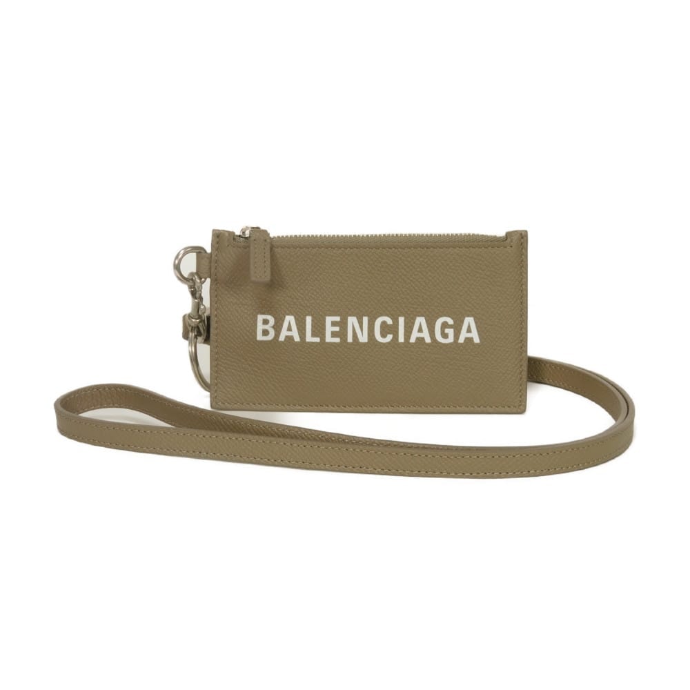 BALENCIAGA バレンシアガ キャッシュ フラグメントケース ストラップ グレイン カーフ グレージュ 名刺入れ パスケース 小銭入れ 財布 美品 新ロゴ コインケース 594548 1IZI3 1290