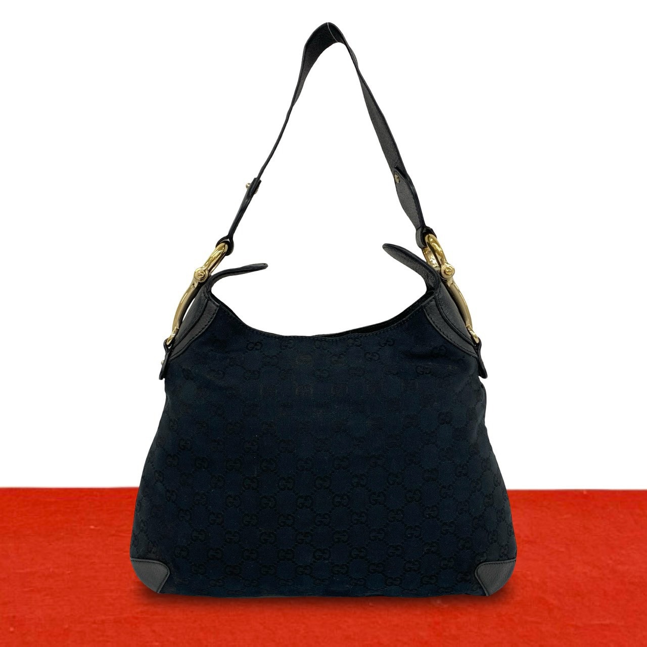 GUCCI グッチ ホースビット 金具 GG ロゴ 柄 キャンバス レザー ショルダーバッグ ブラック
 00623