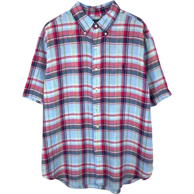 古着 ラルフローレン Ralph Lauren CLASSIC FIT クラシックフィット チェック柄 半袖 リネン ボタンダウンシャツ メンズXL相当/eaa655300