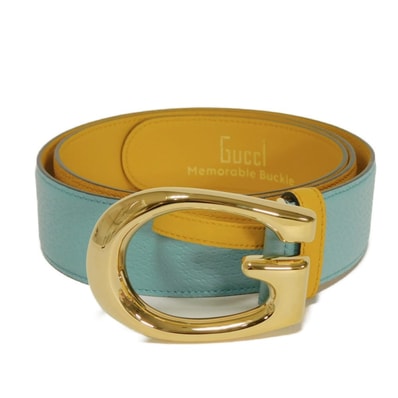 GUCCI グッチ Gロゴ エンブレム ワイドレザー 40MM 95/38 イエロー バイカラー ゴールド 未使用 メモラブル バックル ライトブルー ベルト 709954