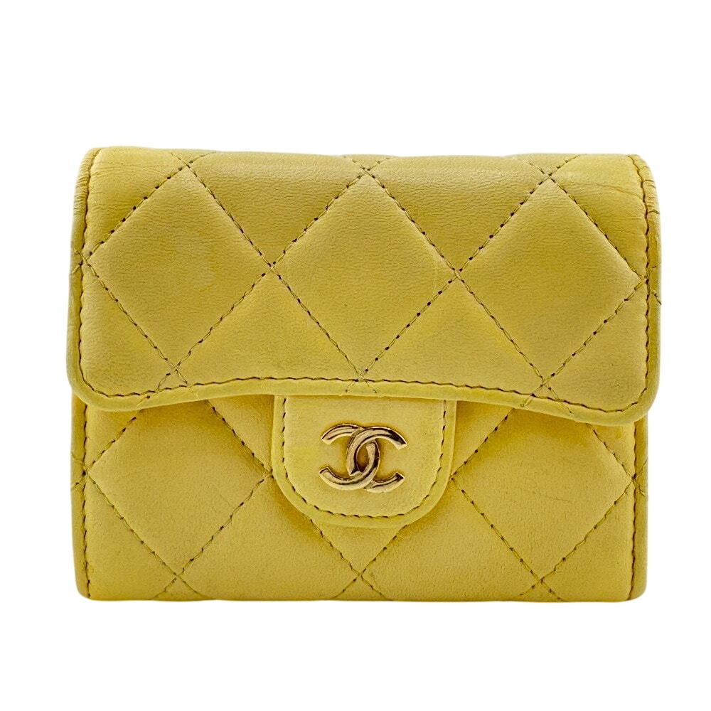 シャネル CHANEL コインケース マトラッセ チェーン付き コンパクトウォレット カード イエロー