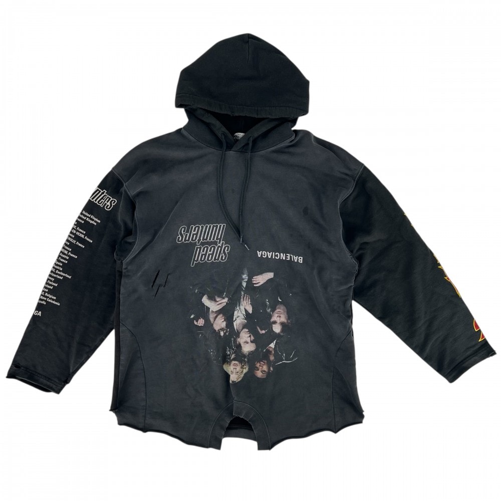 BALENCIAGA バレンシアガ パーカー プルオーバー スピードハンターズ トップス アップサイドダウンフーディ ロゴプリント 服 アパレル 698156 ブラック 黒 グレー コットン    メンズ 秋 冬【中古品】