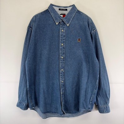 古着 トミーヒルフィガー TOMMY HILFIGER デニム 長袖シャツ ボタンダウン ワンポイントロゴ 刺繍 L ブルー系 メンズ
