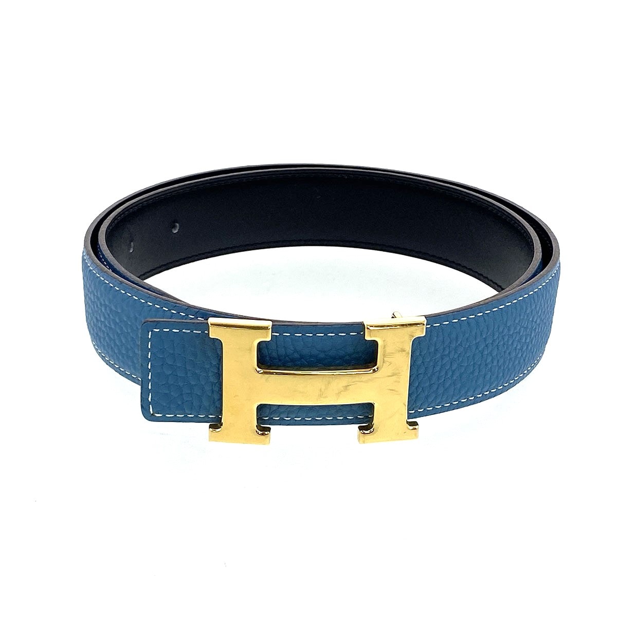HERMES 에르메스 콘스탄스 H 벨트 □ K 인그레이빙 블루 진 트리온 클레망스 벨트 블루 블랙 골드 하드웨어 유니섹스 [중고]