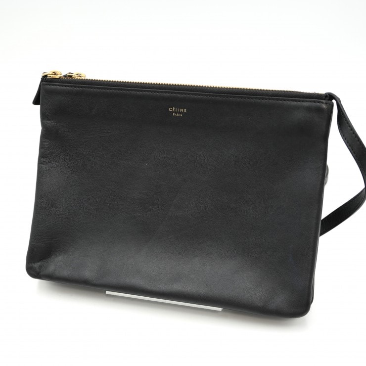 CELINE(セリーヌ)トリオ ショルダーバッグ ポシェット クロスボディ ブラック レザー ゴールド金具 レディース 【中古】