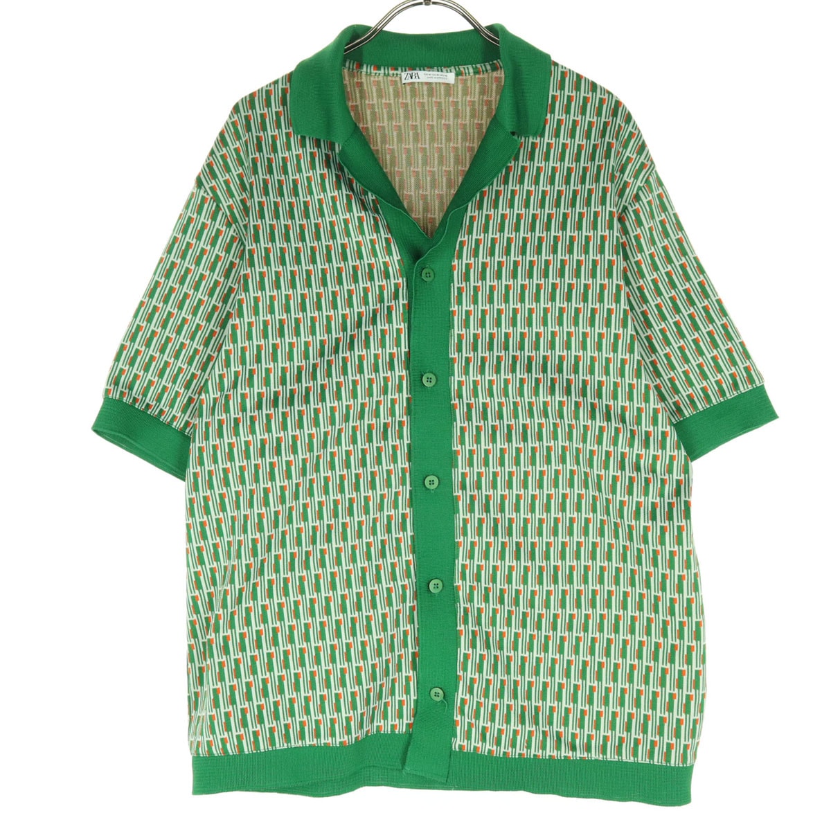 ZARA ザラ 総柄 半袖 フロントボタン ニット M グリーン系
