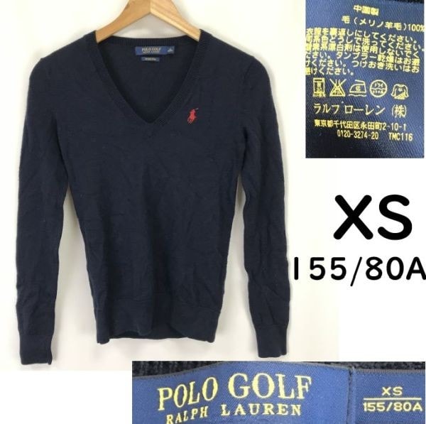 POLO GOLF RALPH LAUREN/ラルフローレン★メリノウールセーター【レディースXS/紺/navy blue/Vネック/正規代理店タグ】ゴルフ/Tops◆cBH659