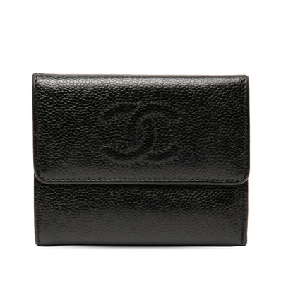 シャネル ココマーク 三つ折り財布 ブラック キャビアスキン レディース CHANEL 中古