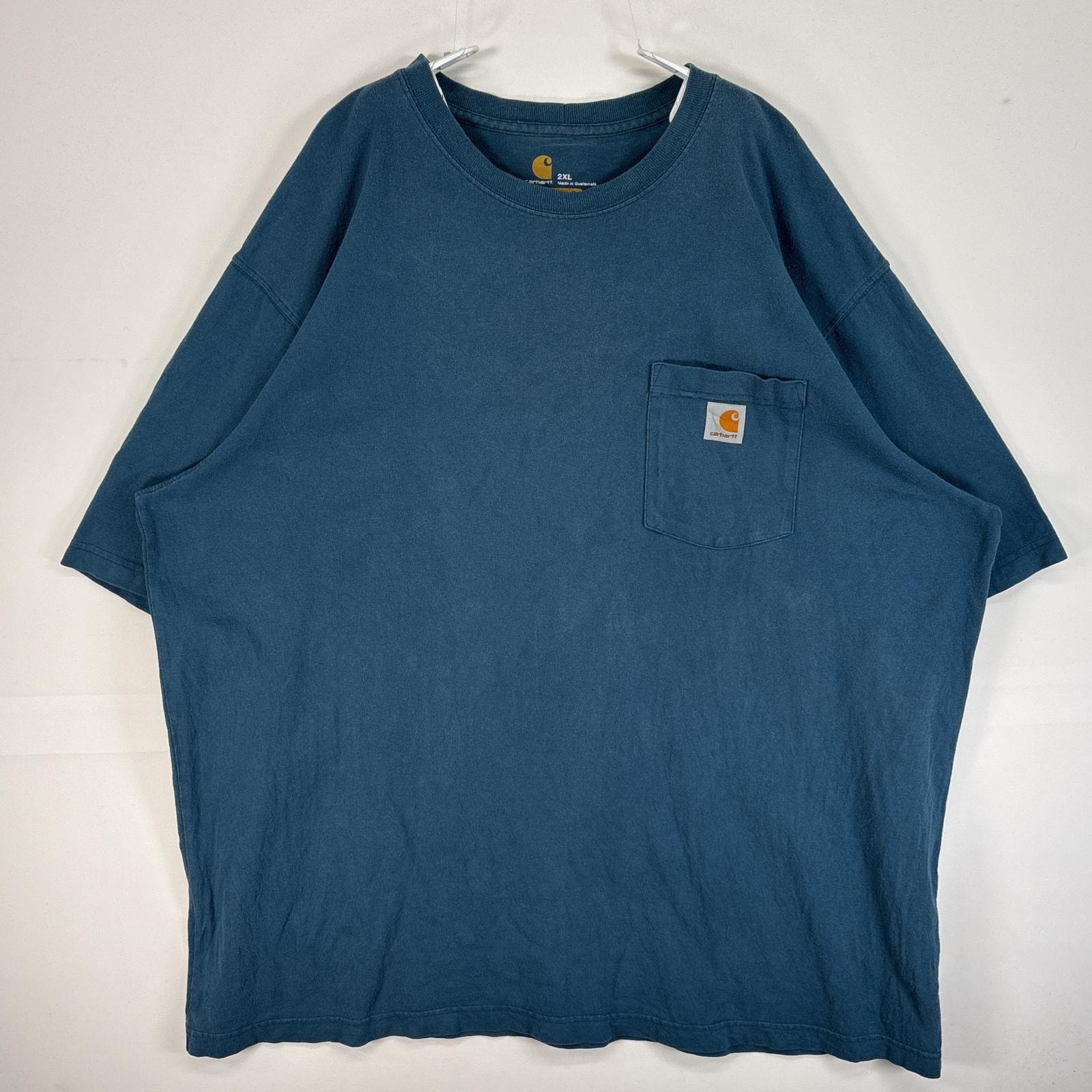 古着 カーハート Carhartt 半袖Tシャツ ワンポイント ロゴ 大きいサイズ 肉厚 フェード 胸ポケ 2XL  グリーン系 無地 メンズ