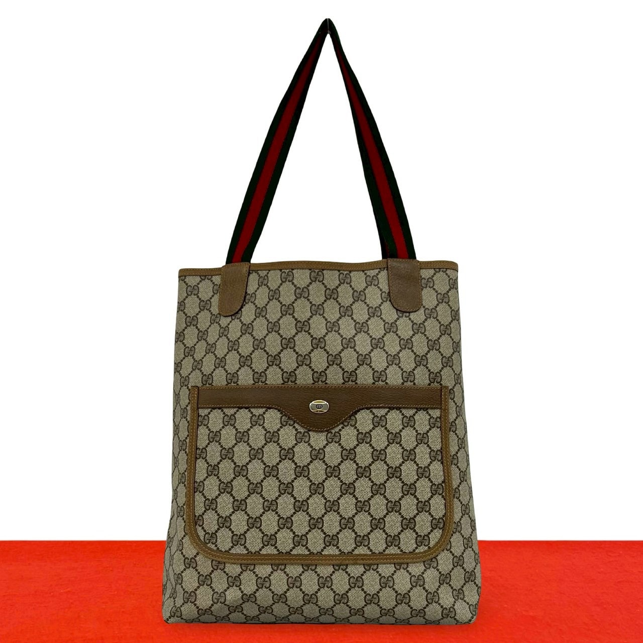 GUCCI グッチ シェリーライン GG ロゴ 金具 PVC レザー トートバッグ ブラウン
 32596