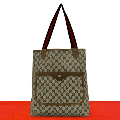 GUCCI グッチ シェリーライン GG ロゴ 金具 PVC レザー トートバッグ ブラウン
32596