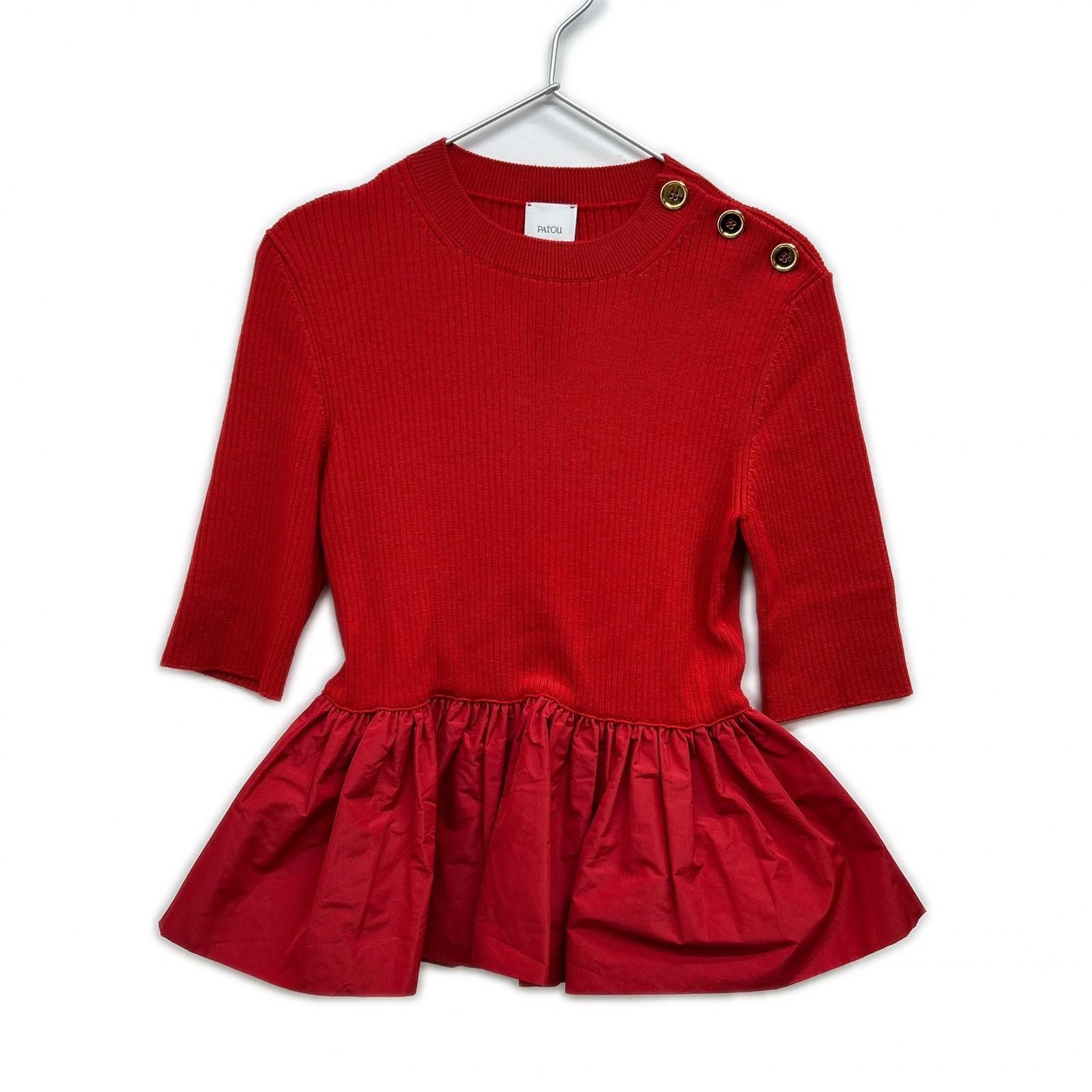 パトゥ KN2738040314R レッド ウール&ファイユ ラッフルヘム リブ セーター S