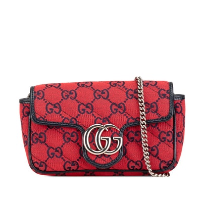 グッチ GGキャンバス GGマーモント チェーンショルダーバッグ 661332 レッド ネイビー キャンバス レザー レディース GUCCI 【中古】