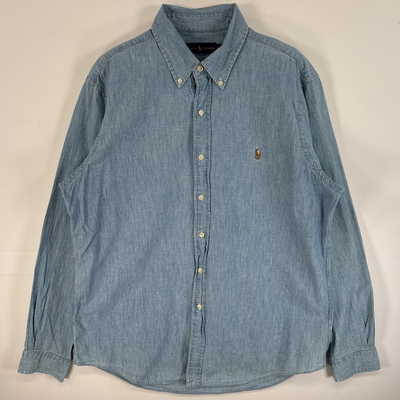 古着 ラルフローレン RALPH LAUREN デニム 長袖シャツ ワンポイント ロゴ 刺繍 ボタンダウンシャツ L  ブルー系 無地 メンズ