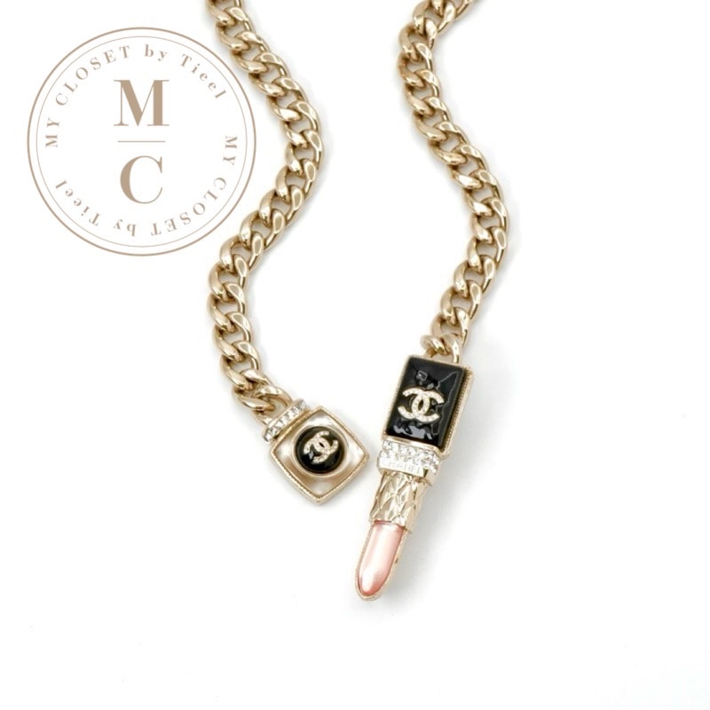 シャネル CHANEL ネックレス ペンダント チョーカー ゴールド ブラック ピンク ココマーク リップ ラインストーン チェーン