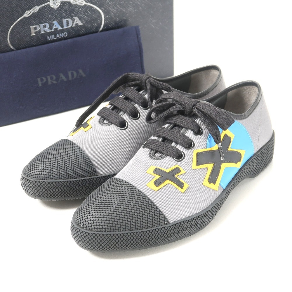 ■美品■PRADA プラダ スニーカー サイズ5 1/2 ローカット ラバー ワッペン レザー 靴【おすすめ】 ブランド古着【中古】20250610/RA5022