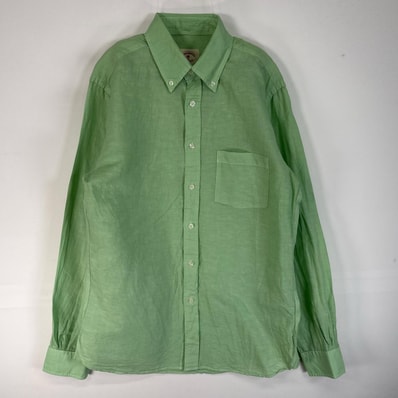古着 ブルックスブラザーズ Brooks Brothers 長袖シャツ RED FLEECE リネン 胸ポケ S グリーン系 無地 メンズ