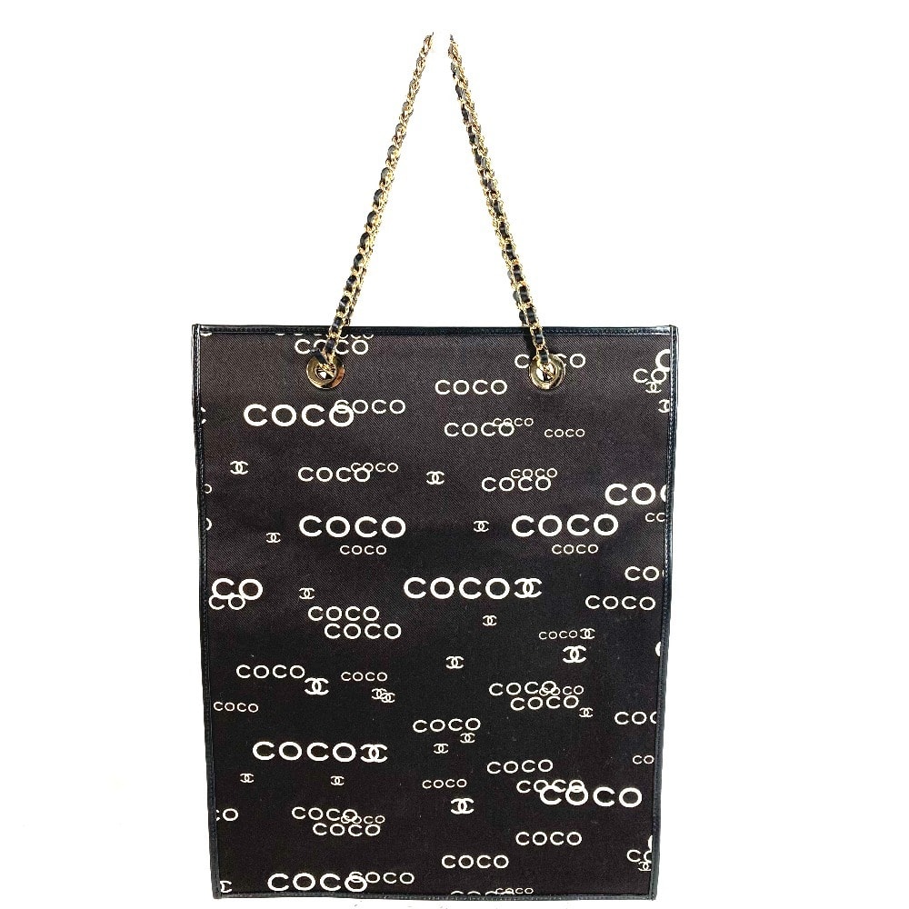 シャネル CHANEL  CC ココマーク ロゴ  フラットショッパー ヴィンテージ カバン チェーンバッグ 肩掛け トートバッグ Wチェーン ショルダーバッグ レザー/キャンバス ブラック