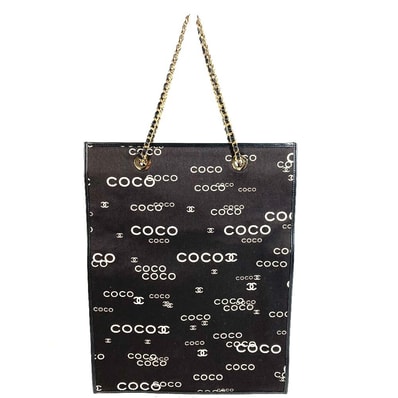 シャネル CHANEL CC ココマーク ロゴ フラットショッパー ヴィンテージ カバン チェーンバッグ 肩掛け トートバッグ Wチェーン ショルダーバッグ レザー/キャンバス ブラック
