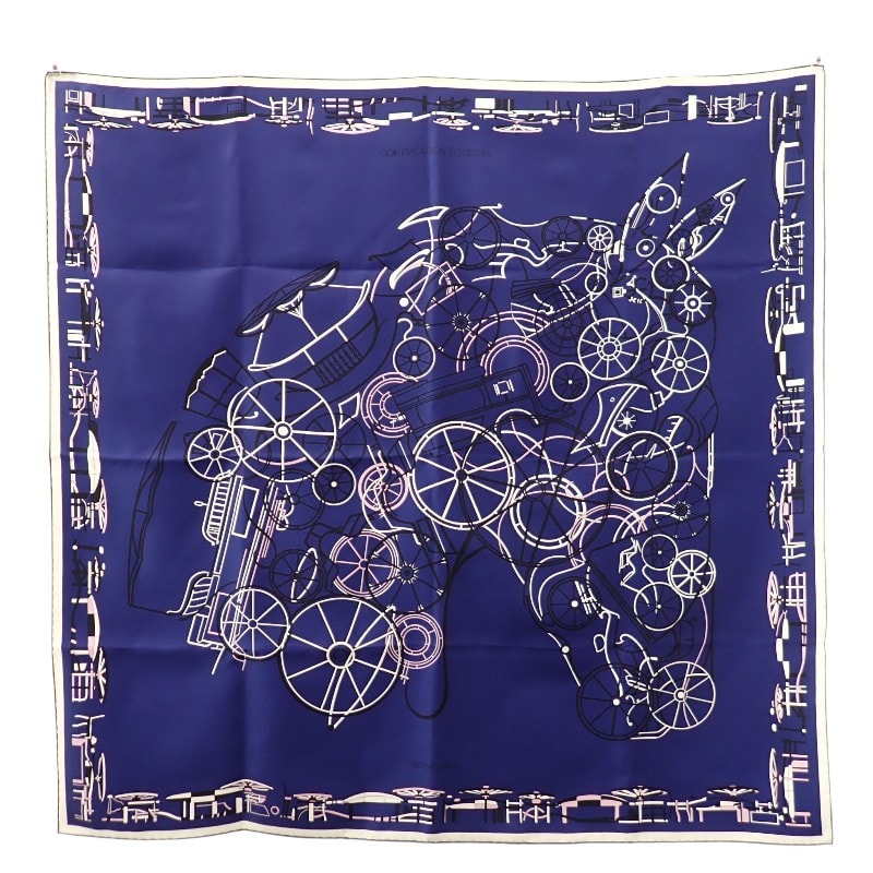 エルメス HERMES カレ90 COMPLICATION EQUESTRE 004148S10 スカーフ シルク マリン/パルム/ブラン ブルー系 レディース【中古】【Aランク】