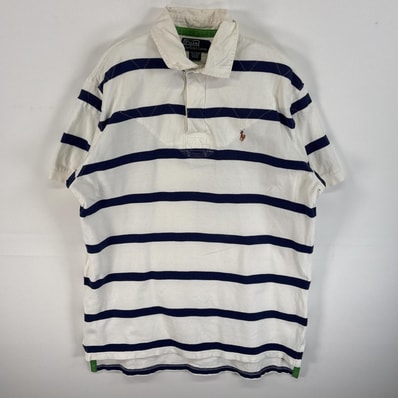 古着 90's/90年代 ポロバイラルフローレン Polo by Ralph Lauren 鹿の子 半袖 ラガーシャツ ワンポイント ロゴ 刺繍 スリット L ホワイト系 ボーダー メンズ