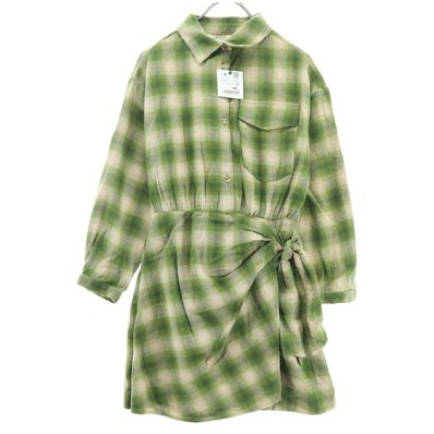 未使用 ZARA ザラ チェック柄 長袖 膝丈ワンピース 11-12 グリーン